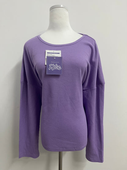 Melse Women's Waffle Knit Long Sleeve Top - Loose Fit Crew Neck Casual Pullover Sweatshirt in Purple