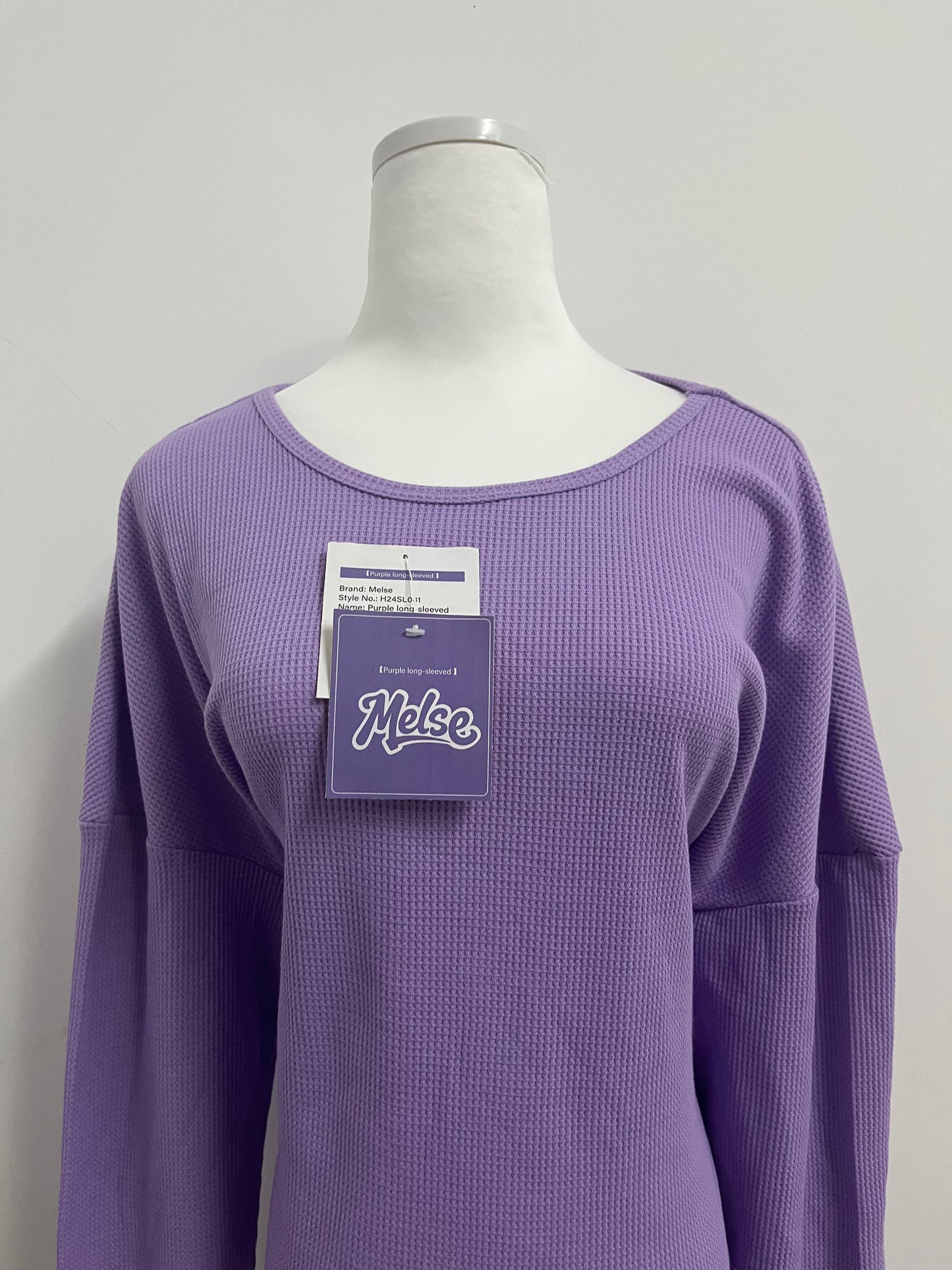 Melse Women's Waffle Knit Long Sleeve Top - Loose Fit Crew Neck Casual Pullover Sweatshirt in Purple