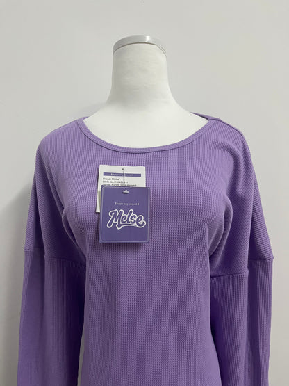Melse Women's Waffle Knit Long Sleeve Top - Loose Fit Crew Neck Casual Pullover Sweatshirt in Purple