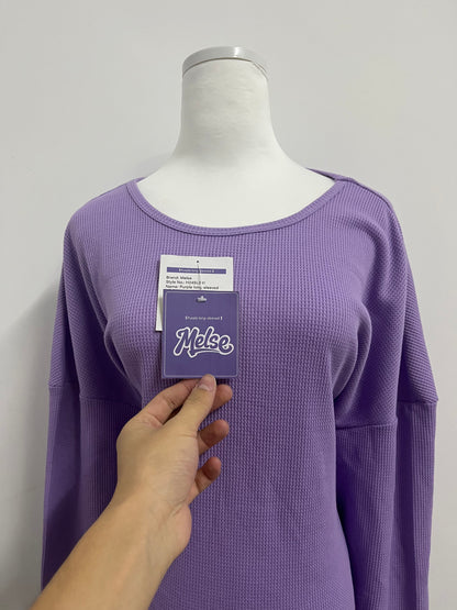 Melse Women's Waffle Knit Long Sleeve Top - Loose Fit Crew Neck Casual Pullover Sweatshirt in Purple