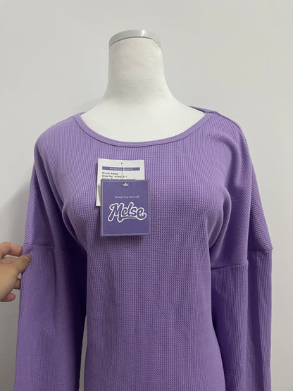 Melse Women's Waffle Knit Long Sleeve Top - Loose Fit Crew Neck Casual Pullover Sweatshirt in Purple