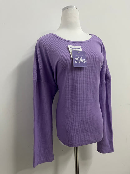 Melse Women's Waffle Knit Long Sleeve Top - Loose Fit Crew Neck Casual Pullover Sweatshirt in Purple