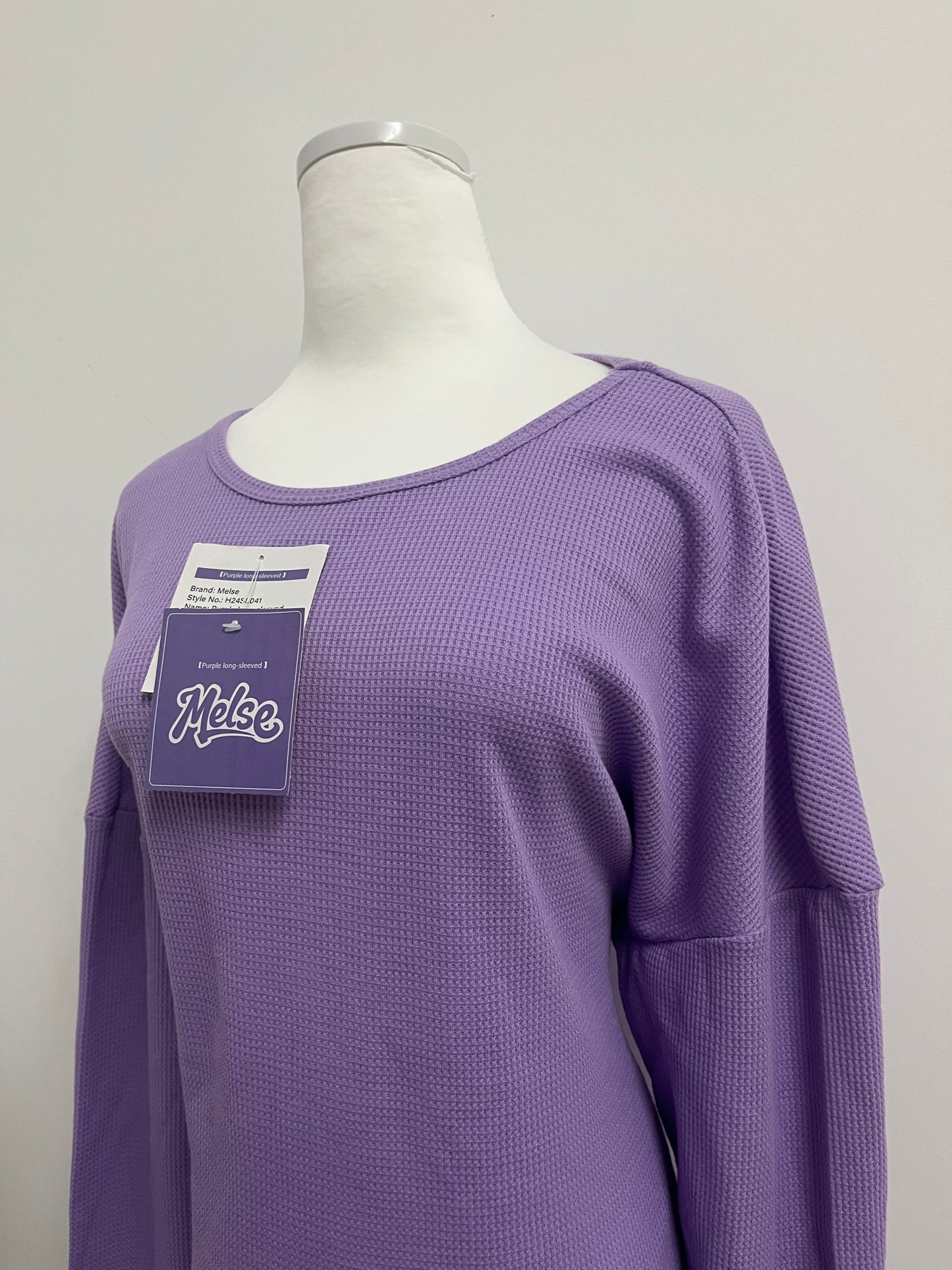 Melse Women's Waffle Knit Long Sleeve Top - Loose Fit Crew Neck Casual Pullover Sweatshirt in Purple