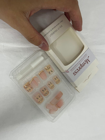 Mempress Fake Nails Long Coffin Press on Nails Cute Nails Tips Rabbit pattern Full Cover False Nails Pink for Women and Girls 24Pcs