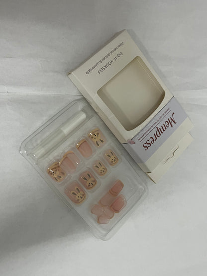 Mempress Fake Nails Long Coffin Press on Nails Cute Nails Tips Rabbit pattern Full Cover False Nails Pink for Women and Girls 24Pcs