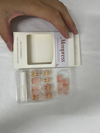 Mempress Fake Nails Long Coffin Press on Nails Cute Nails Tips Rabbit pattern Full Cover False Nails Pink for Women and Girls 24Pcs