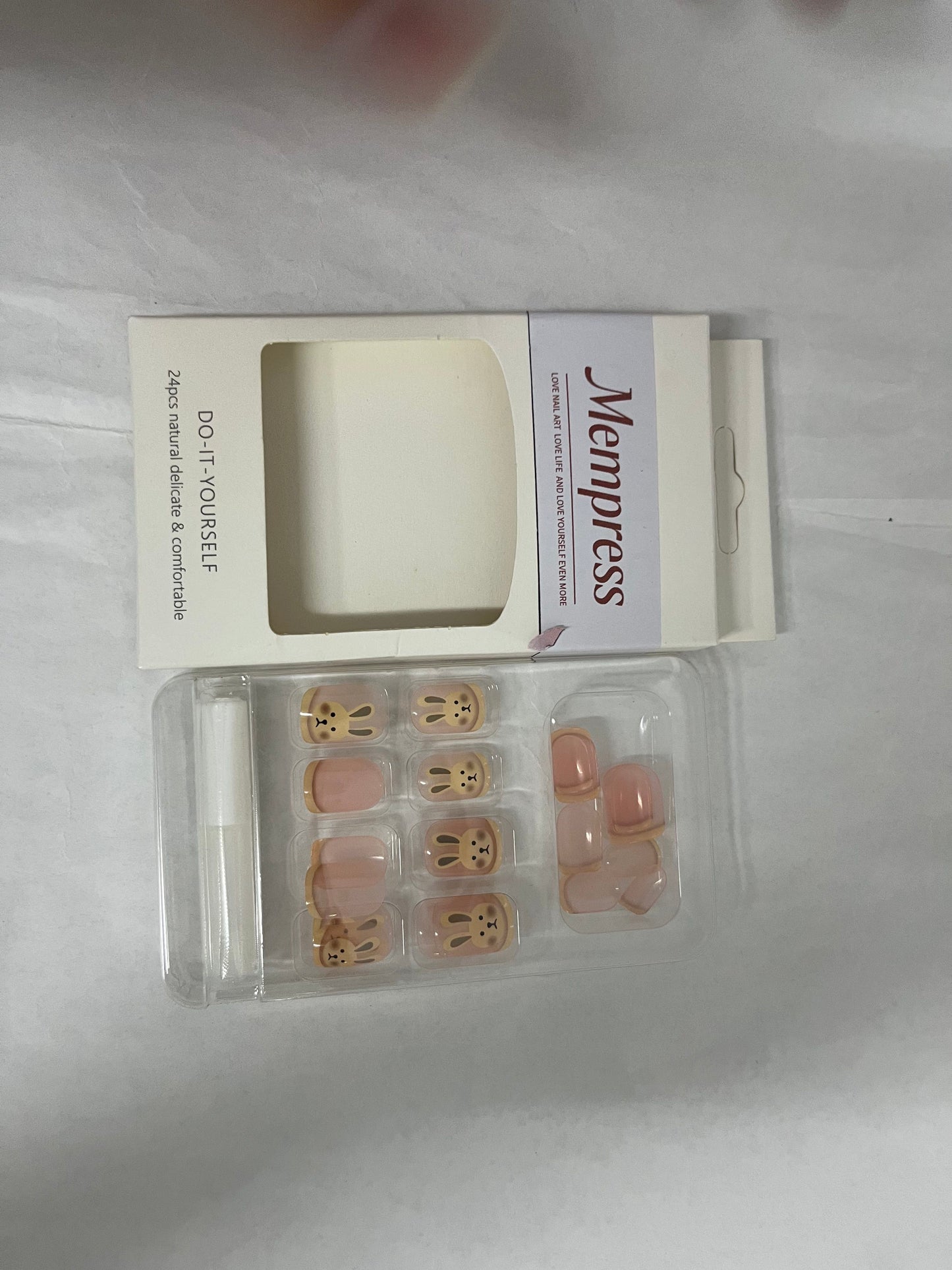 Mempress Fake Nails Long Coffin Press on Nails Cute Nails Tips Rabbit pattern Full Cover False Nails Pink for Women and Girls 24Pcs