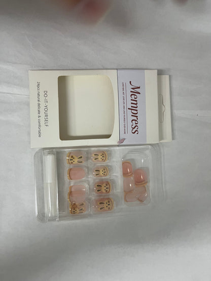 Mempress Fake Nails Long Coffin Press on Nails Cute Nails Tips Rabbit pattern Full Cover False Nails Pink for Women and Girls 24Pcs