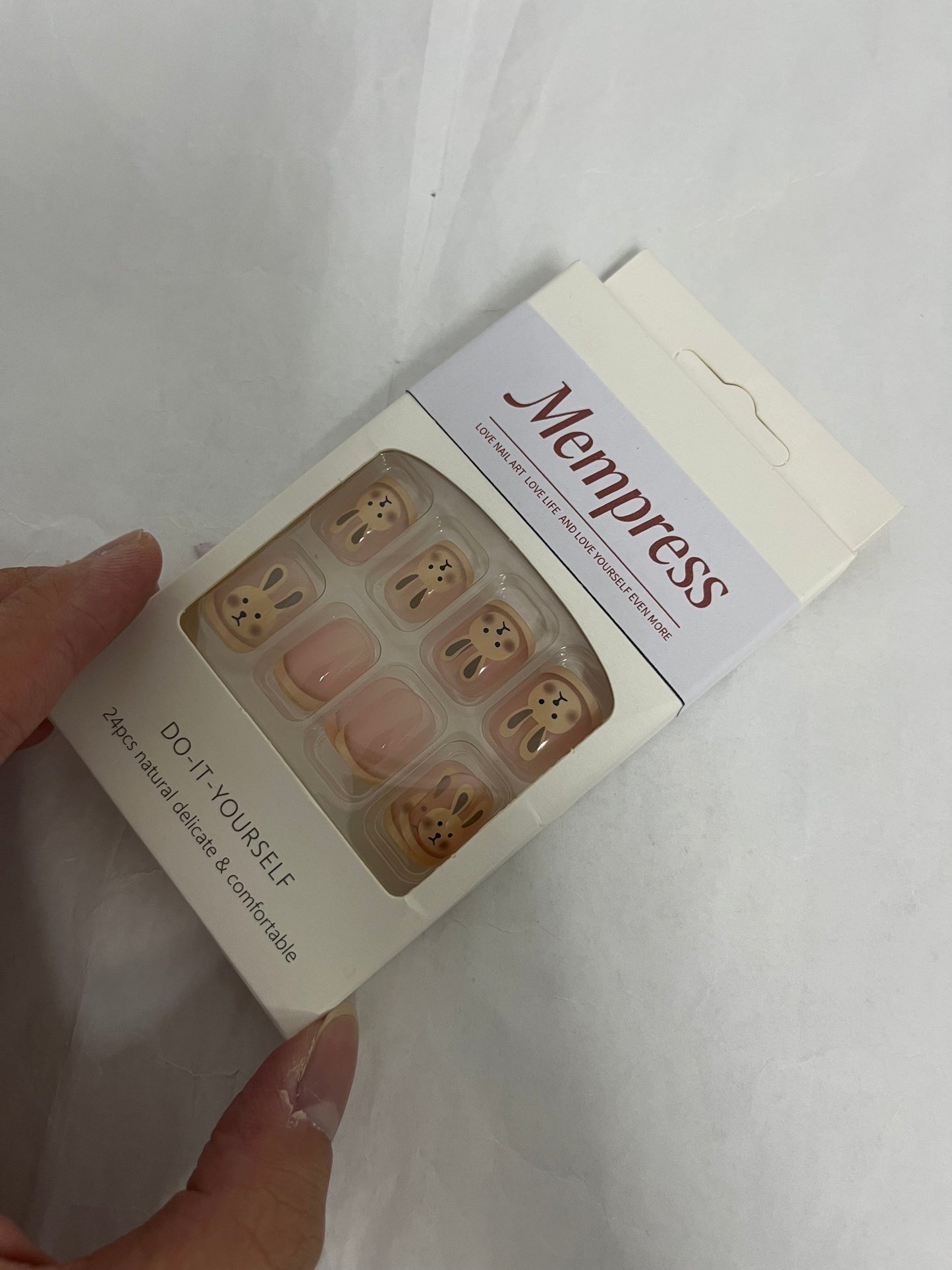 Mempress Fake Nails Long Coffin Press on Nails Cute Nails Tips Rabbit pattern Full Cover False Nails Pink for Women and Girls 24Pcs