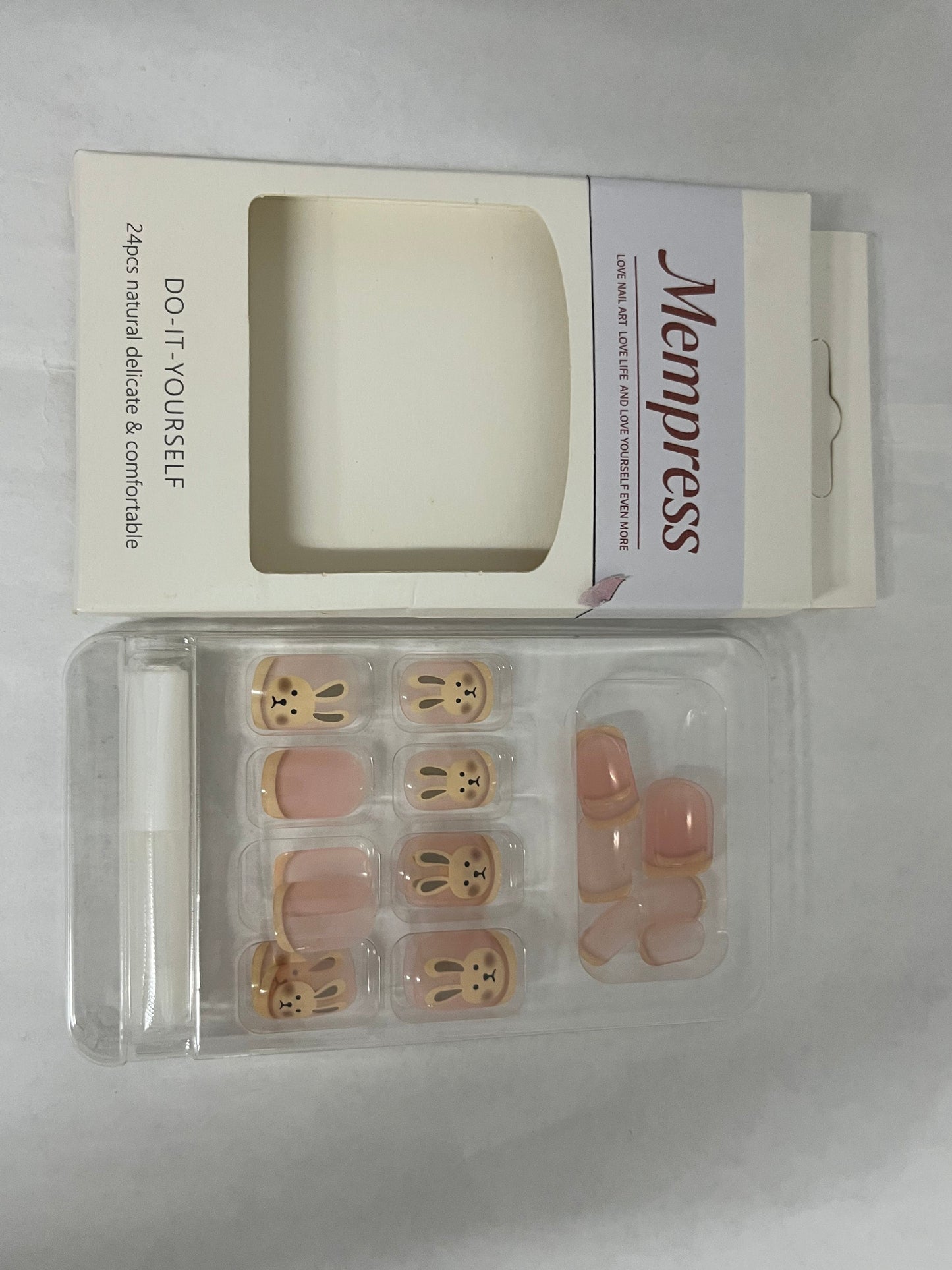 Mempress Fake Nails Long Coffin Press on Nails Cute Nails Tips Rabbit pattern Full Cover False Nails Pink for Women and Girls 24Pcs