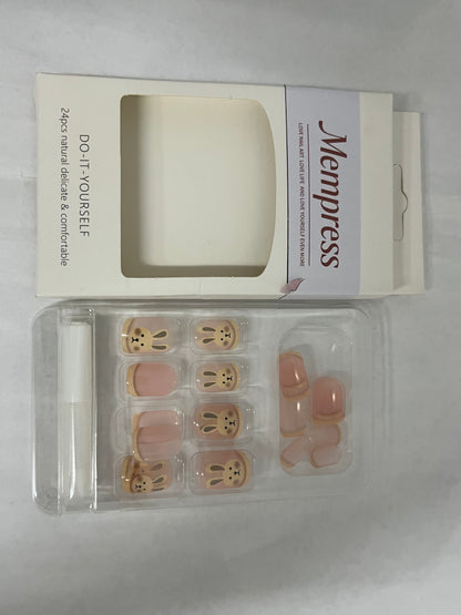 Mempress Fake Nails Long Coffin Press on Nails Cute Nails Tips Rabbit pattern Full Cover False Nails Pink for Women and Girls 24Pcs