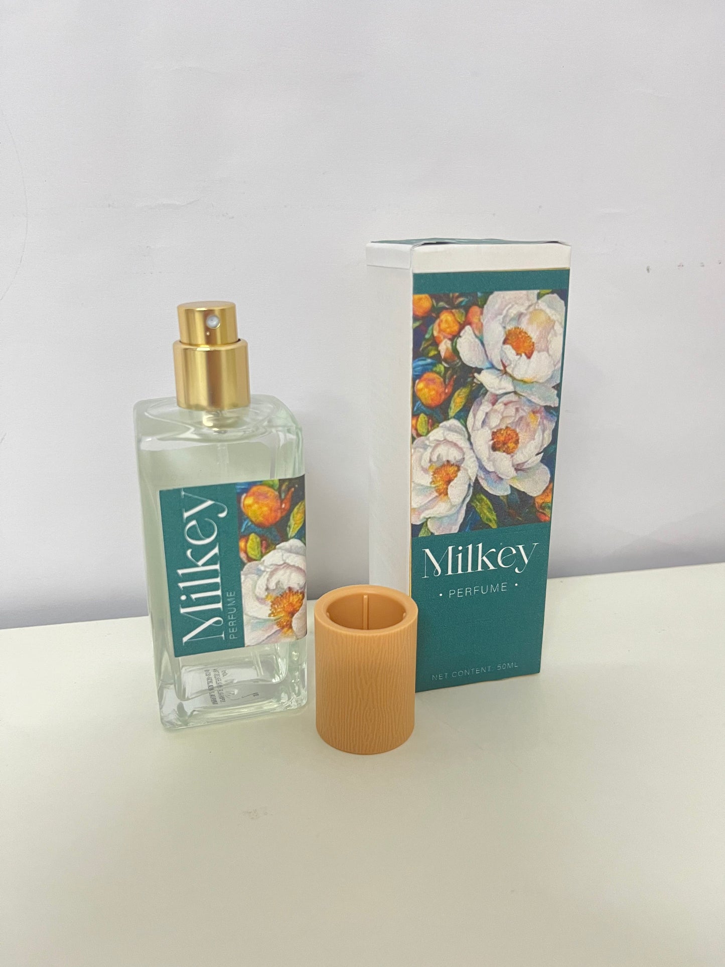 Milkey Floral Perfume - 50mL Clear Glass Bottle with Wood-Grain Cap, Delicate Floral Scent, Elegant Floral Pattern Packaging for Daily Use/Travel/Gifting