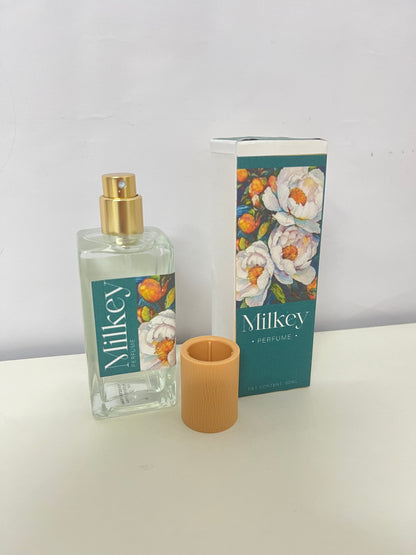 Milkey Floral Perfume - 50mL Clear Glass Bottle with Wood-Grain Cap, Delicate Floral Scent, Elegant Floral Pattern Packaging for Daily Use/Travel/Gifting