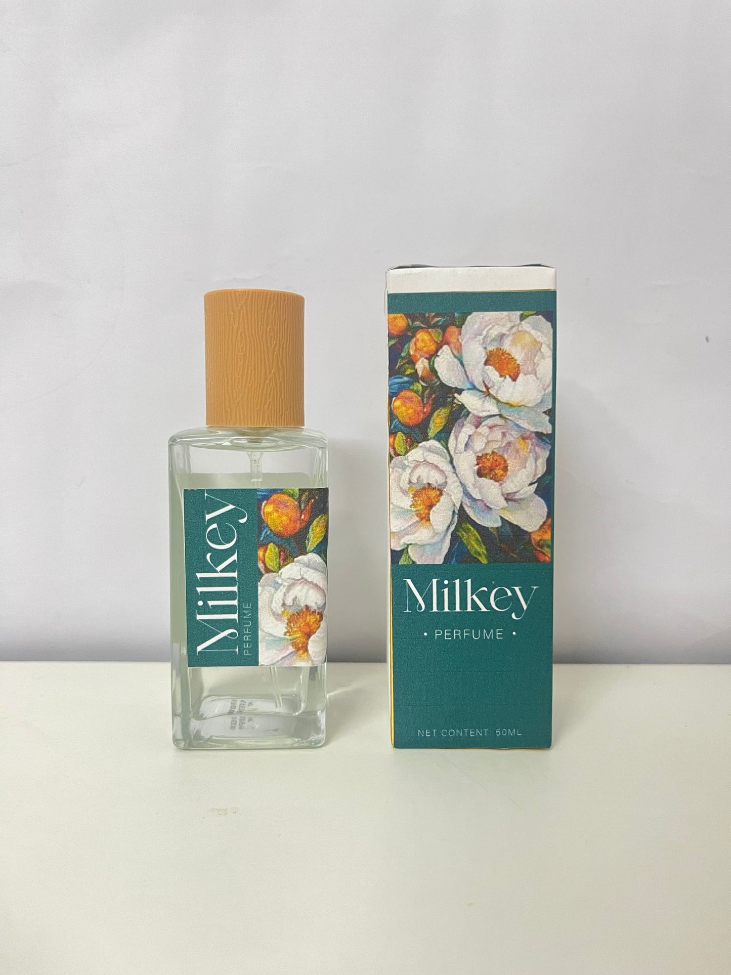 Milkey Floral Perfume - 50mL Clear Glass Bottle with Wood-Grain Cap, Delicate Floral Scent, Elegant Floral Pattern Packaging for Daily Use/Travel/Gifting