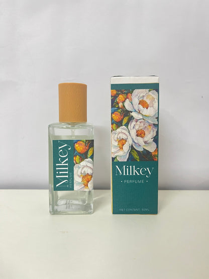 Milkey Floral Perfume - 50mL Clear Glass Bottle with Wood-Grain Cap, Delicate Floral Scent, Elegant Floral Pattern Packaging for Daily Use/Travel/Gifting