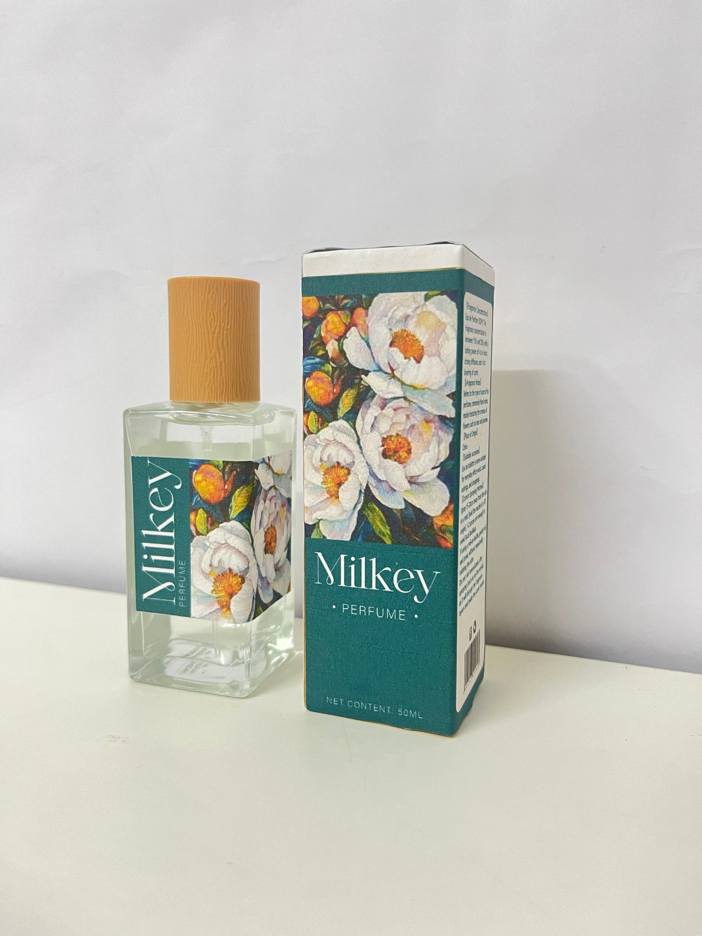 Milkey Floral Perfume - 50mL Clear Glass Bottle with Wood-Grain Cap, Delicate Floral Scent, Elegant Floral Pattern Packaging for Daily Use/Travel/Gifting