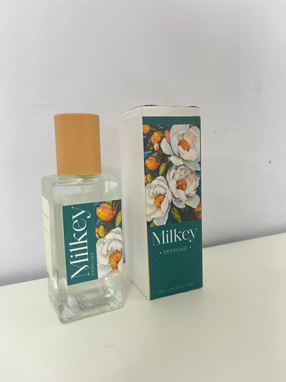 Milkey Floral Perfume - 50mL Clear Glass Bottle with Wood-Grain Cap, Delicate Floral Scent, Elegant Floral Pattern Packaging for Daily Use/Travel/Gifting
