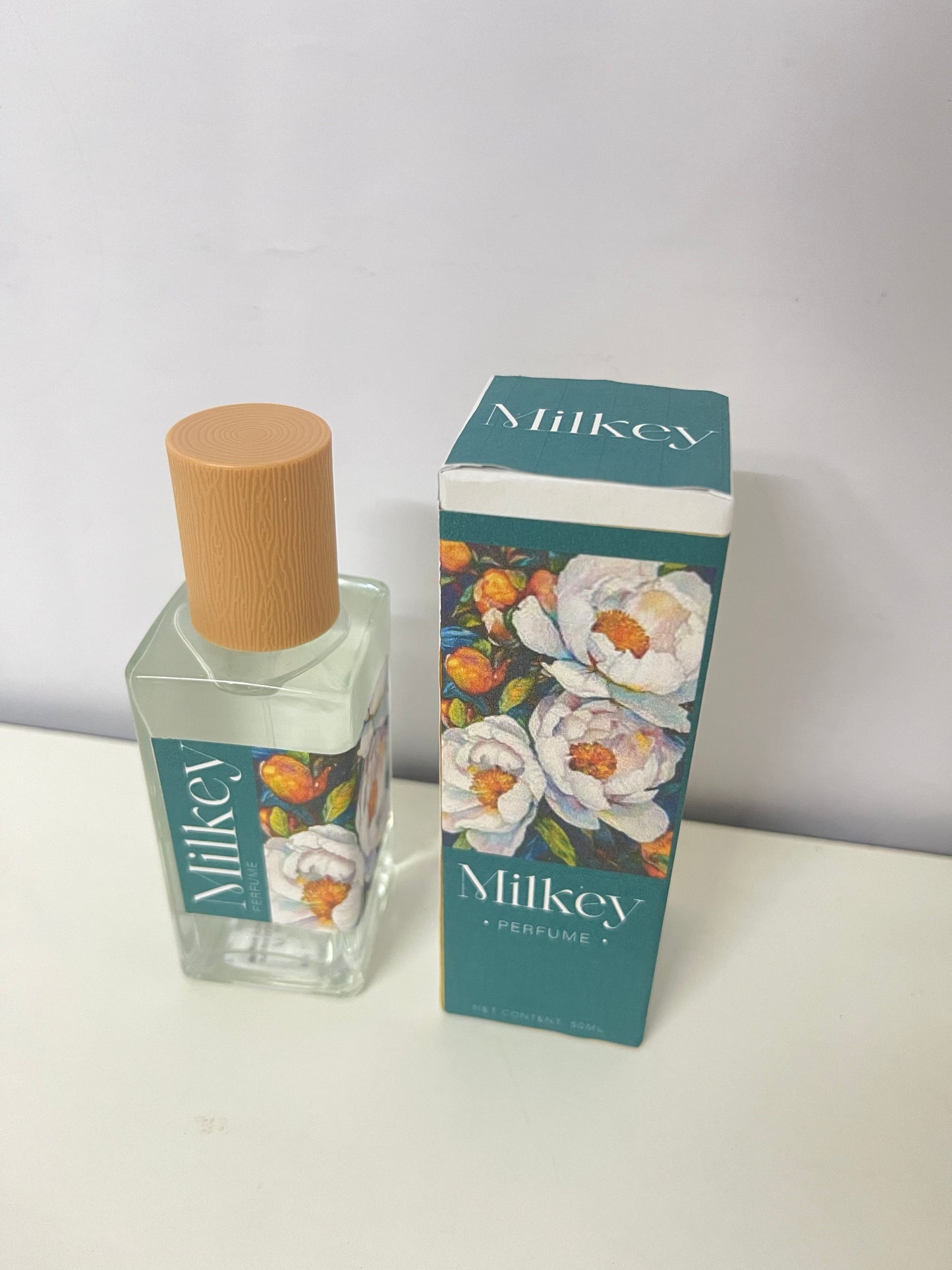 Milkey Floral Perfume - 50mL Clear Glass Bottle with Wood-Grain Cap, Delicate Floral Scent, Elegant Floral Pattern Packaging for Daily Use/Travel/Gifting