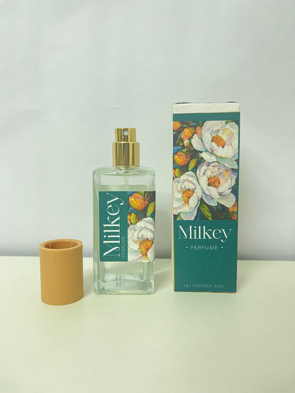 Milkey Floral Perfume - 50mL Clear Glass Bottle with Wood-Grain Cap, Delicate Floral Scent, Elegant Floral Pattern Packaging for Daily Use/Travel/Gifting