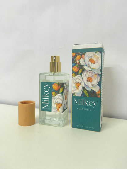 Milkey Floral Perfume - 50mL Clear Glass Bottle with Wood-Grain Cap, Delicate Floral Scent, Elegant Floral Pattern Packaging for Daily Use/Travel/Gifting