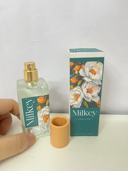 Milkey Floral Perfume - 50mL Clear Glass Bottle with Wood-Grain Cap, Delicate Floral Scent, Elegant Floral Pattern Packaging for Daily Use/Travel/Gifting