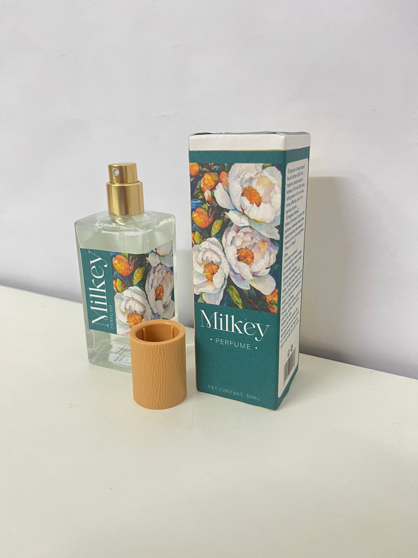 Milkey Floral Perfume - 50mL Clear Glass Bottle with Wood-Grain Cap, Delicate Floral Scent, Elegant Floral Pattern Packaging for Daily Use/Travel/Gifting