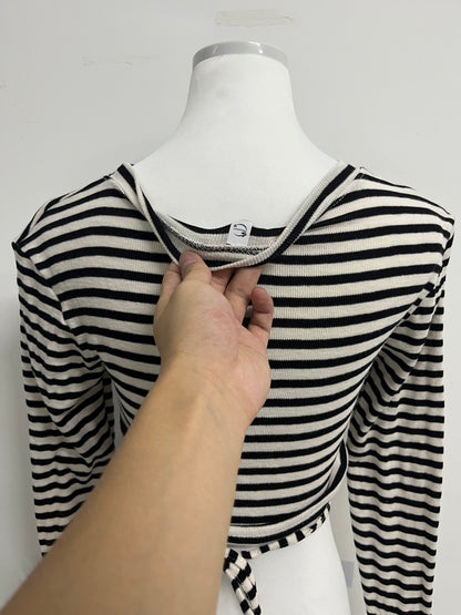 Minusmart Tops as clothing Women's Striped Tie Front Tops Long Sleeve Boat Neck Casual T Shirts