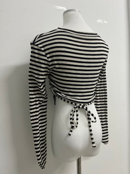 Minusmart Tops as clothing Women's Striped Tie Front Tops Long Sleeve Boat Neck Casual T Shirts