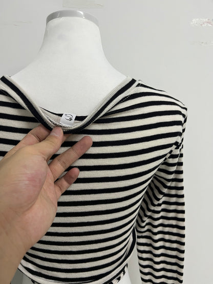 Minusmart Tops as clothing Women's Striped Tie Front Tops Long Sleeve Boat Neck Casual T Shirts