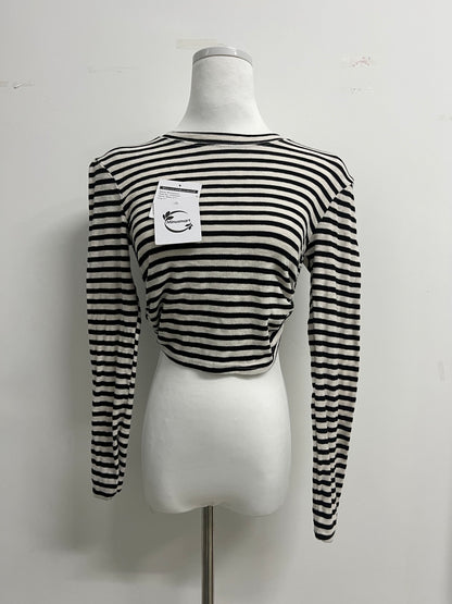 Minusmart Tops as clothing Women's Striped Tie Front Tops Long Sleeve Boat Neck Casual T Shirts