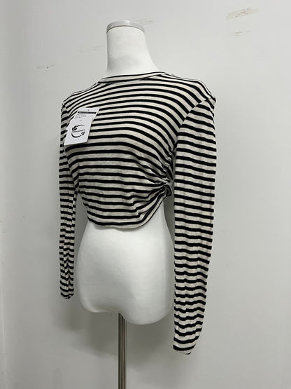 Minusmart Tops as clothing Women's Striped Tie Front Tops Long Sleeve Boat Neck Casual T Shirts