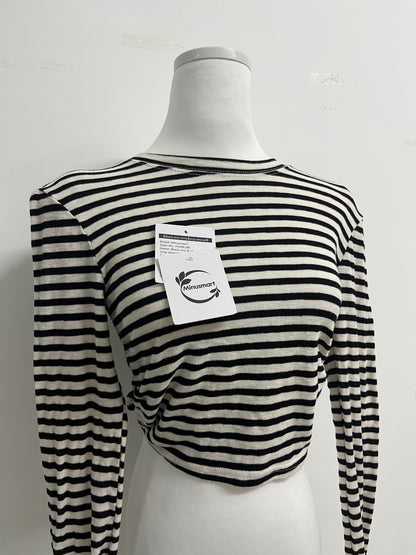 Minusmart Tops as clothing Women's Striped Tie Front Tops Long Sleeve Boat Neck Casual T Shirts