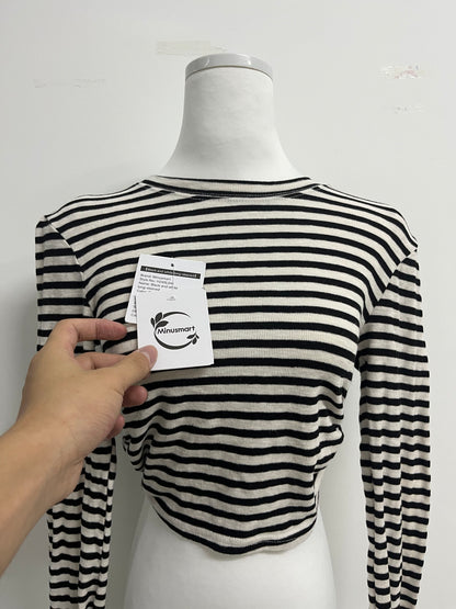 Minusmart Tops as clothing Women's Striped Tie Front Tops Long Sleeve Boat Neck Casual T Shirts