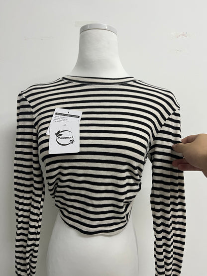 Minusmart Tops as clothing Women's Striped Tie Front Tops Long Sleeve Boat Neck Casual T Shirts