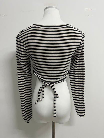 Minusmart Tops as clothing Women's Striped Tie Front Tops Long Sleeve Boat Neck Casual T Shirts