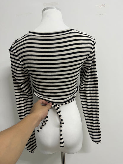 Minusmart Tops as clothing Women's Striped Tie Front Tops Long Sleeve Boat Neck Casual T Shirts