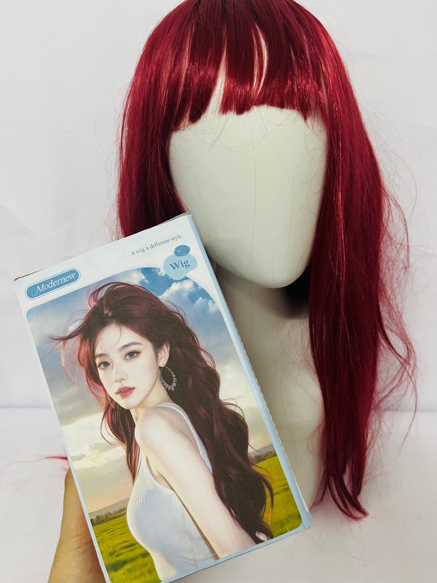 Modernew  Red Wig with Bangs for Women Long Straight Red Wig Heat Resistant Synthetic Wig for Girls Daily Use Party Halloween Cosplay Wig 24inch