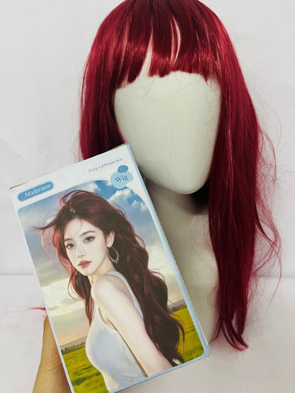 Modernew  Red Wig with Bangs for Women Long Straight Red Wig Heat Resistant Synthetic Wig for Girls Daily Use Party Halloween Cosplay Wig 24inch