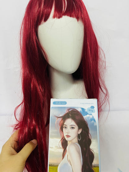 Modernew  Red Wig with Bangs for Women Long Straight Red Wig Heat Resistant Synthetic Wig for Girls Daily Use Party Halloween Cosplay Wig 24inch