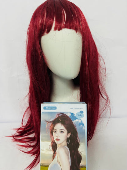 Modernew  Red Wig with Bangs for Women Long Straight Red Wig Heat Resistant Synthetic Wig for Girls Daily Use Party Halloween Cosplay Wig 24inch