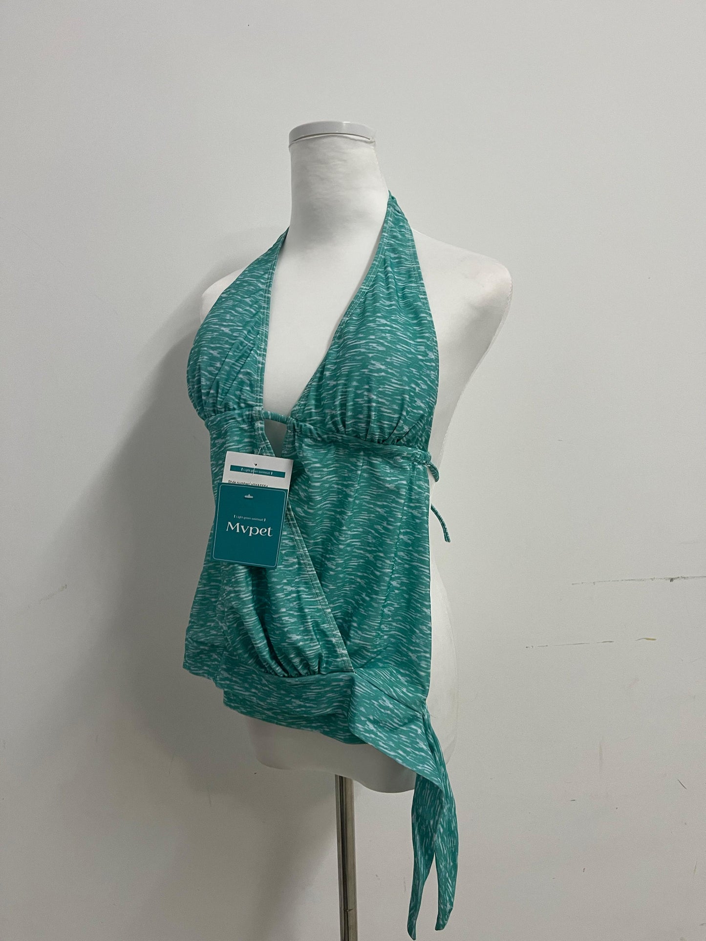 Mvpet Halter Neck Deep V Tummy Control Swimsuit Top, Teal Texture Slimming Bathing Suit for Vacation & Swimming