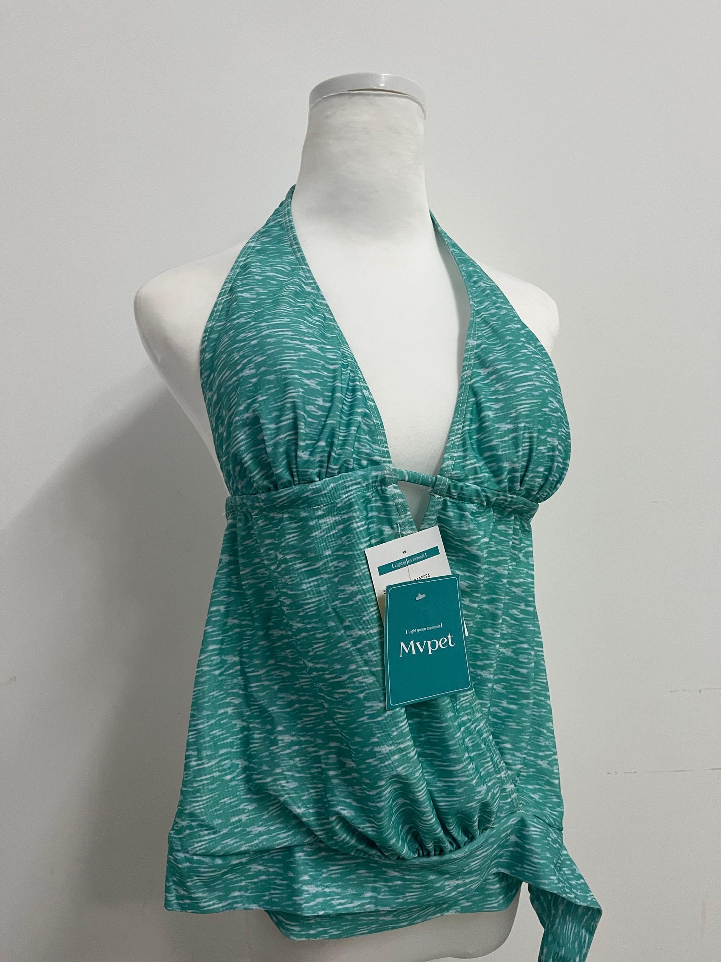 Mvpet Halter Neck Deep V Tummy Control Swimsuit Top, Teal Texture Slimming Bathing Suit for Vacation & Swimming
