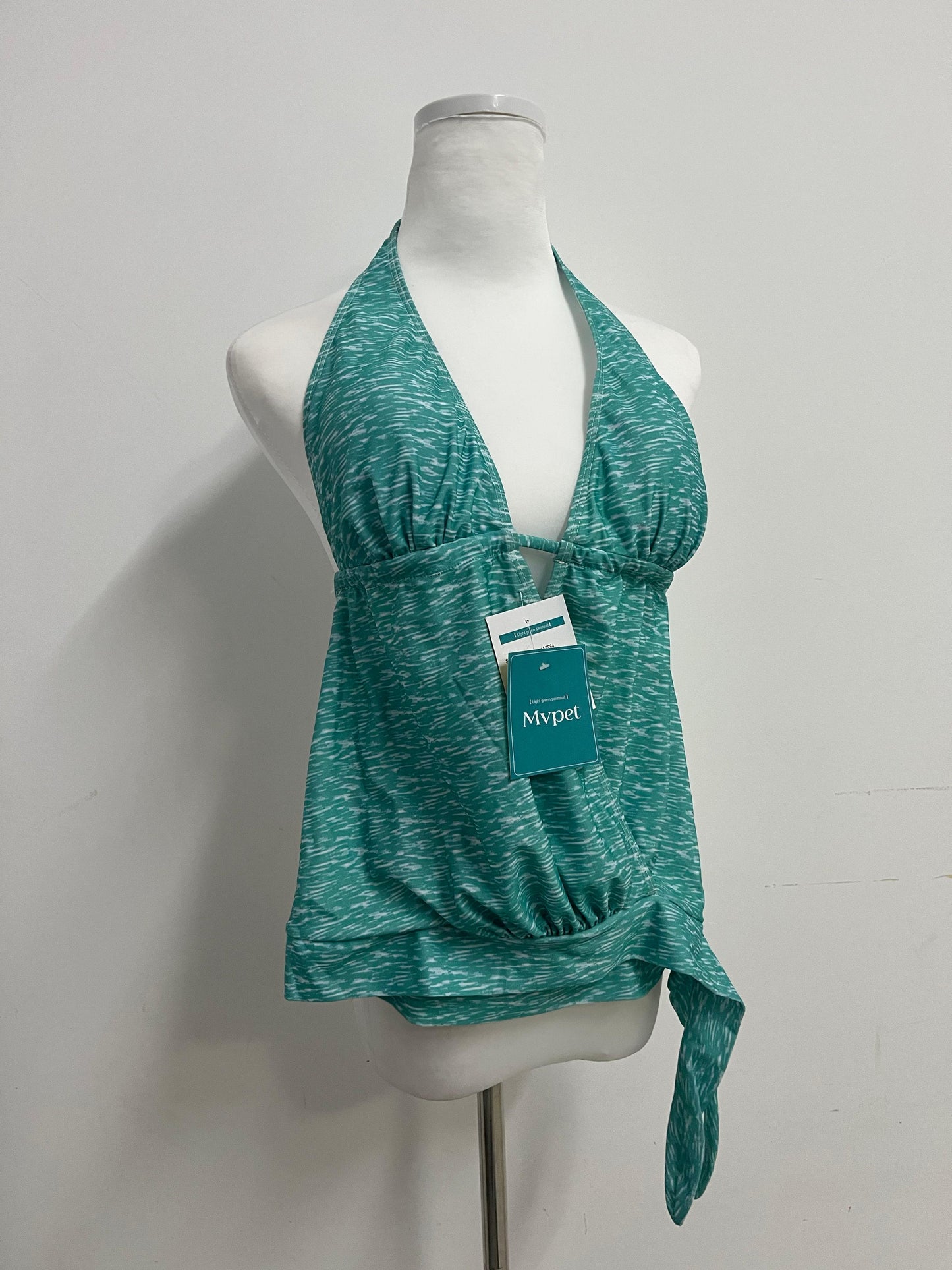 Mvpet Halter Neck Deep V Tummy Control Swimsuit Top, Teal Texture Slimming Bathing Suit for Vacation & Swimming