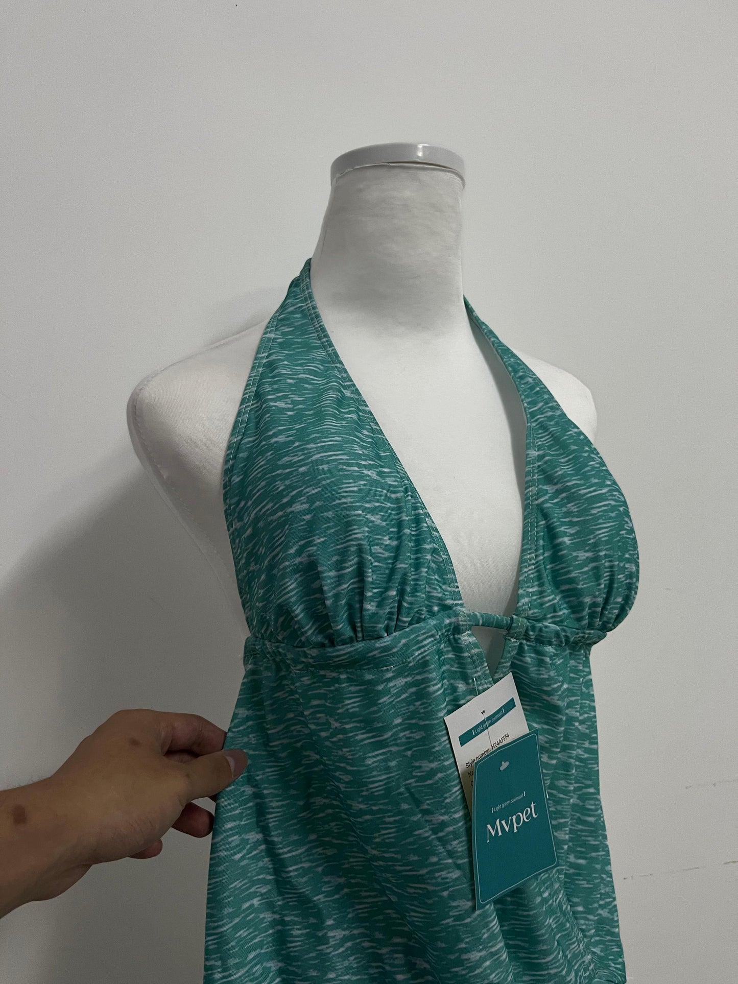 Mvpet Halter Neck Deep V Tummy Control Swimsuit Top, Teal Texture Slimming Bathing Suit for Vacation & Swimming