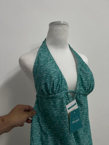 Mvpet Halter Neck Deep V Tummy Control Swimsuit Top, Teal Texture Slimming Bathing Suit for Vacation & Swimming