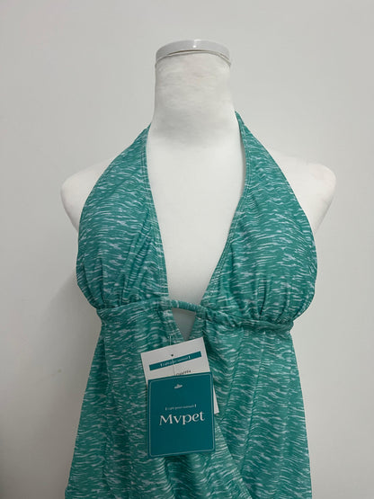 Mvpet Halter Neck Deep V Tummy Control Swimsuit Top, Teal Texture Slimming Bathing Suit for Vacation & Swimming