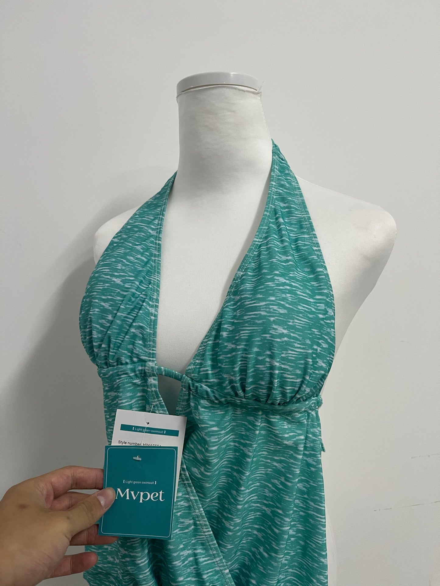 Mvpet Halter Neck Deep V Tummy Control Swimsuit Top, Teal Texture Slimming Bathing Suit for Vacation & Swimming