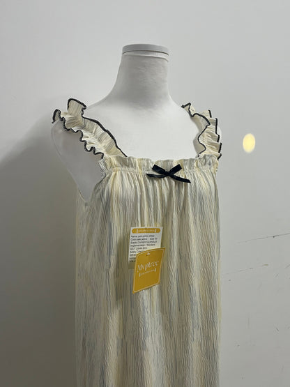 Mvptree Sleepwear - Pale Yellow Striped Nightdress with Black-Trim Ruffles for Feminine Lounge Comfort