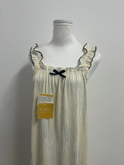 Mvptree Sleepwear - Pale Yellow Striped Nightdress with Black-Trim Ruffles for Feminine Lounge Comfort