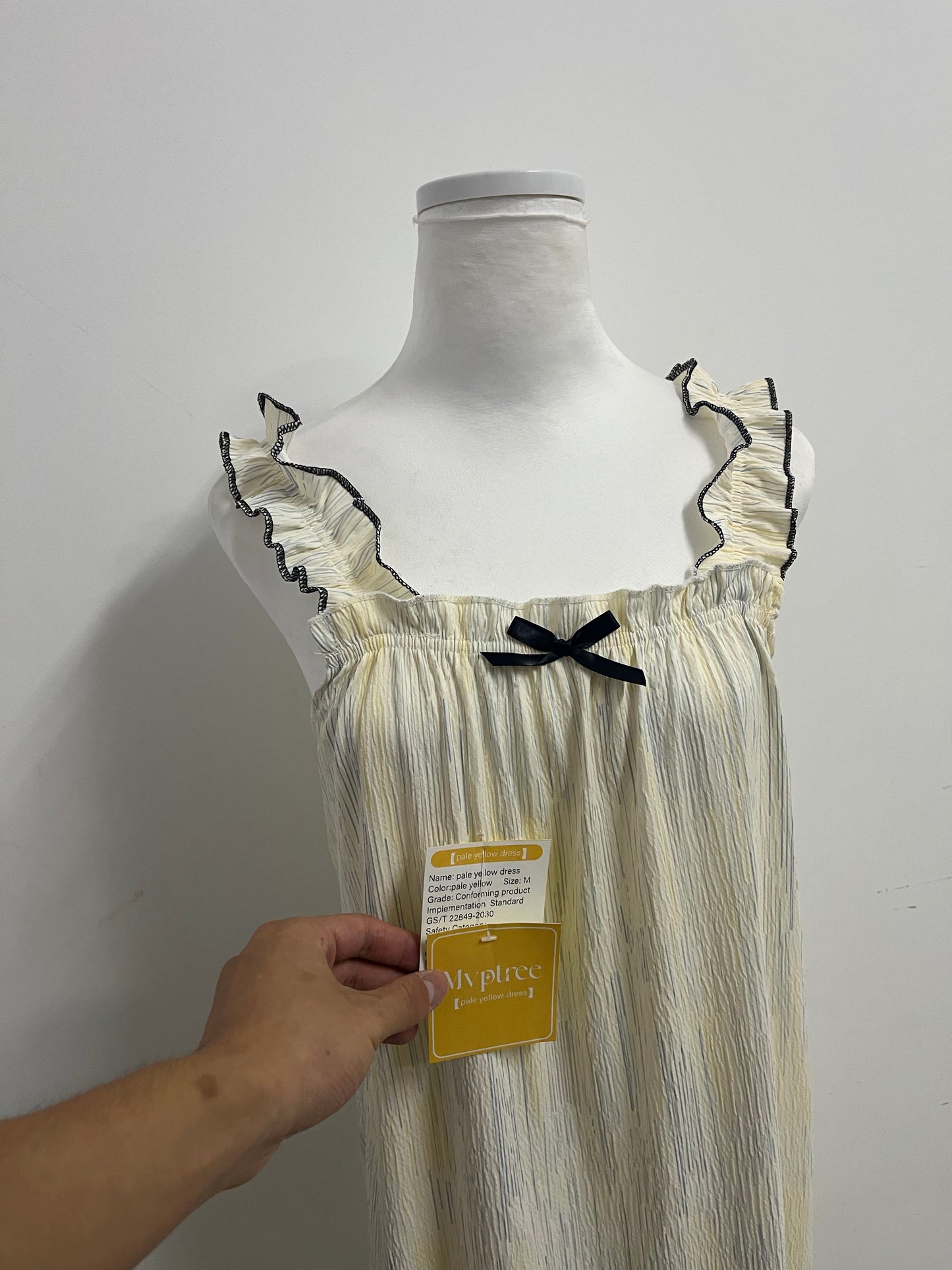 Mvptree Sleepwear - Pale Yellow Striped Nightdress with Black-Trim Ruffles for Feminine Lounge Comfort